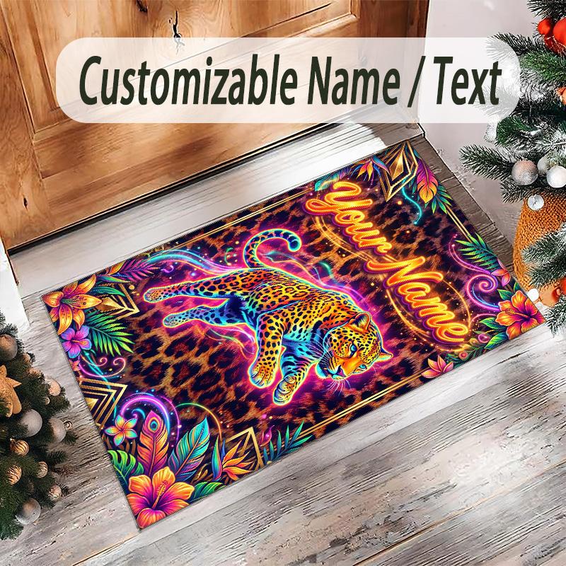 Leopard Theme Crystal Velvet Floor Rug Personalized Custom Name Text Warm Carpet Home Decoration