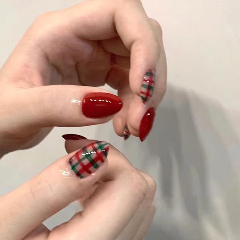 

Red & Green Plaid Christmas Nail Stickers: Festive Holiday Almond Fake Nails