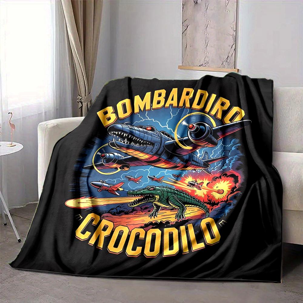 1Pc Bombardier Crocodile Adventure Flannel Blanket, Soft And Comfortable, Casual Warm, Camping Travel, Christmas, Halloween Xmas Gift L1432