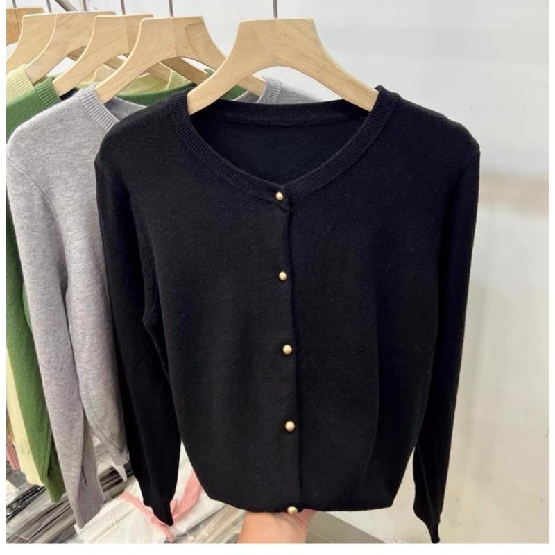 

Однотонный кардиган крупной вязки с круглым вырезом, женский, весна и осень, новый дизайн, длинный рукав, куртка-свитер, топ, трендовый One Size чёрный