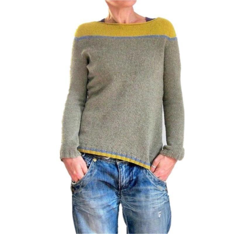 Women's Loose Pullover Knit Sweater Long Sleeve Round Neck Color Blocking Sweater
