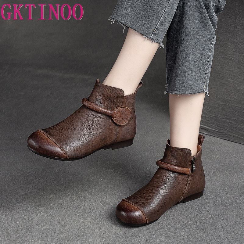 Fashion GKTINOO Retro Women Short Boots 2025 Autumn Winter New Genuine Leather Slip-on Shoes Handmade Round Toe Flat Ankle Boots