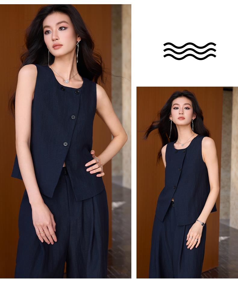 Apricot Linen Suit Vest & Wide-Leg Pants Set for Women - Spring/Summer Professional Two-Piece