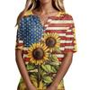 Women Casual V Neck Short Sleeve T Shirt Button Detail Sunflower Print Lightweight Summer Top for Everyday Wear