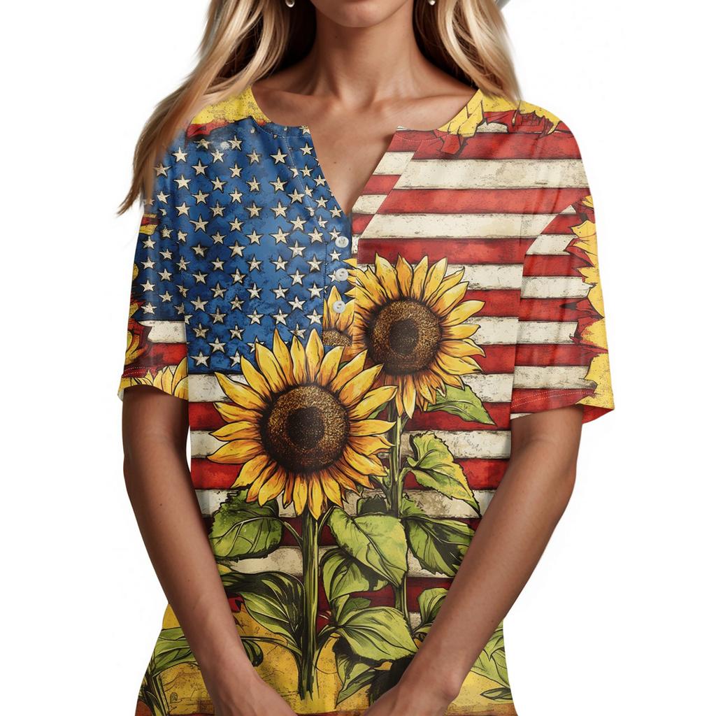 Women Casual V Neck Short Sleeve T Shirt Button Detail Sunflower Print Lightweight Summer Top for Everyday Wear