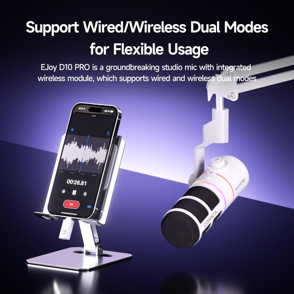 COMICA 2025 EJoy D10 Pro Wireless Dynamic Microphone with Digital and Analog Dual Unidirectional Gaming Microphone with Boom RGB and Noise Ideal for