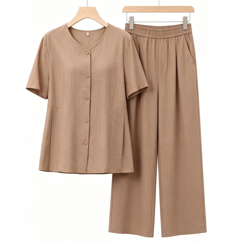 Women's Plus Size 2-Piece Outfit, Short Sleeve Button Top & Wide Leg Pants Set (3XL-7XL)