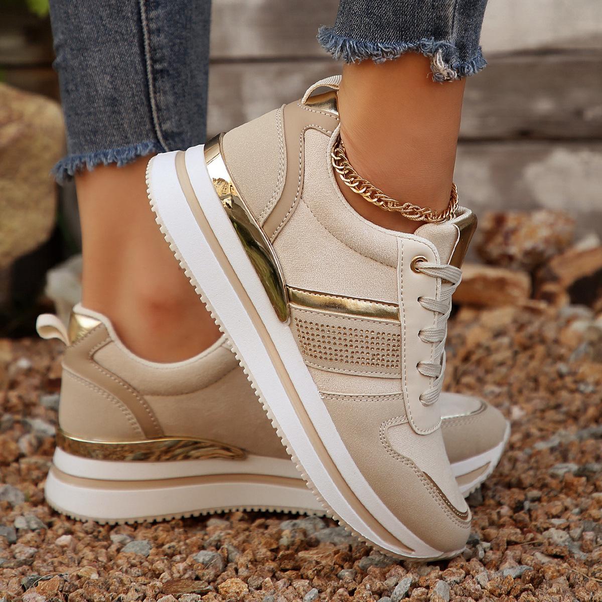 

Shoes for Women 2026 Autumn Fashion Women Breathable Lace Up Comfortable Non-slip Platform Wedges Flats Sneakers Women 36-41 41 золотий