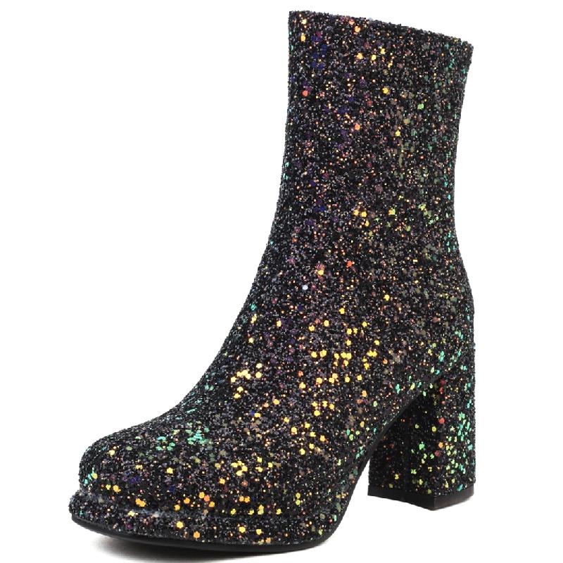 Fashion Luxury Sequined Women Ankle Boots Gold Silver Block Heels Short Boot Female Zipper Autumn Winter Party Shoes Ladies Large Size