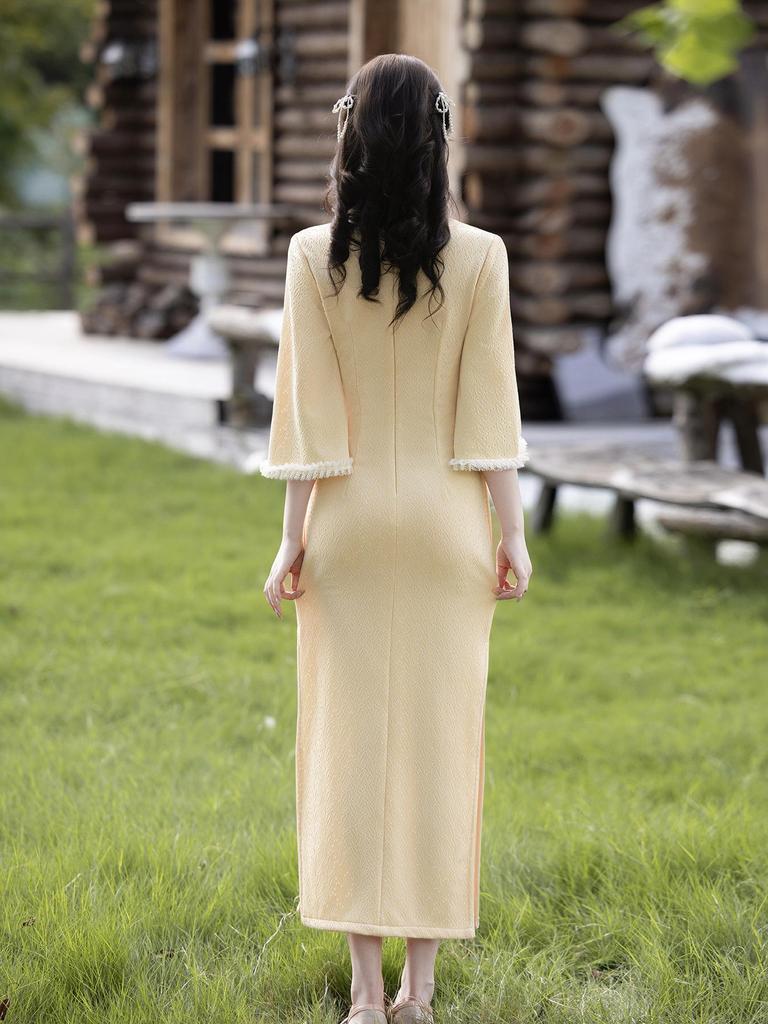 Elegant Yellow Pearwood Cheongsam - Spring/Autumn 2025 Collection, Long Sleeve, National Style