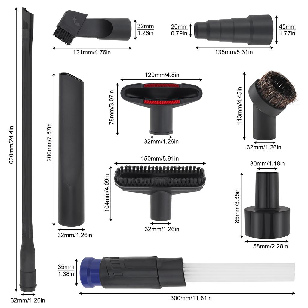 9pcs Household Cleaning Vacuum Cleaner Attachments Hose Adapter Soft Brush Kit Flexible Crevice Tool Vacuum Floor Cleaner Attachment