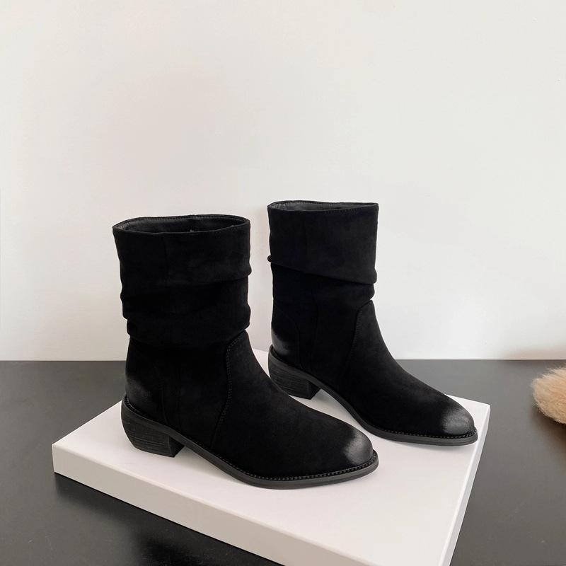 Fashion Women's Boots Stacked Pleated Temperament Middle Heeled Women Shoe Fashion Autumn Solid Color Long Tube Female High Knight Botas