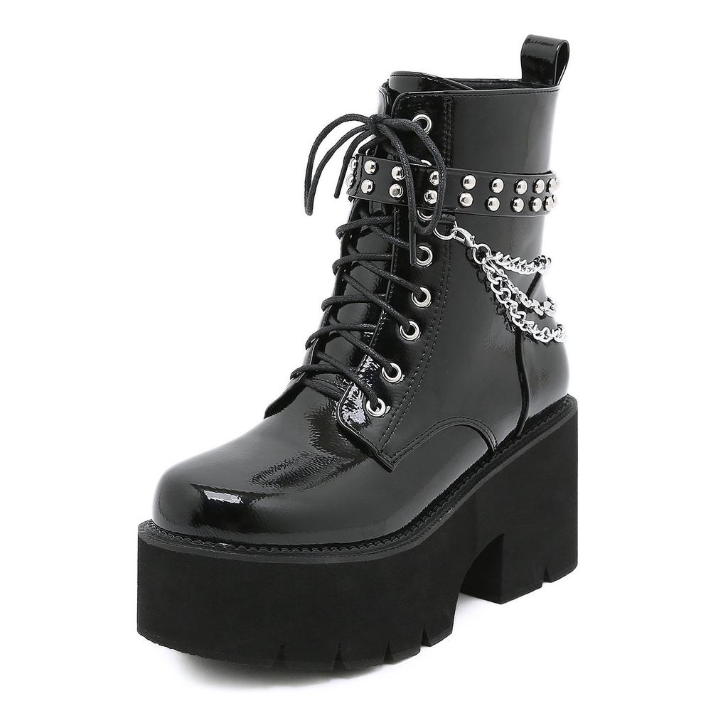 Wasserdichte Plateau-Martinsstiefel für Damen mit klobigem Absatz und dicken Sohlen, High Heels, Schnürung, Metallketten und Übergrößen erhältlich.