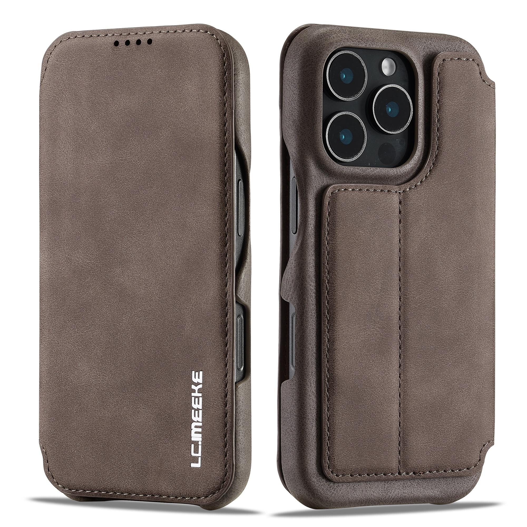 

LC.IMEEKE For iPhone 16 Pro Case Card Holder Stand Leather Phone Cover Coffee