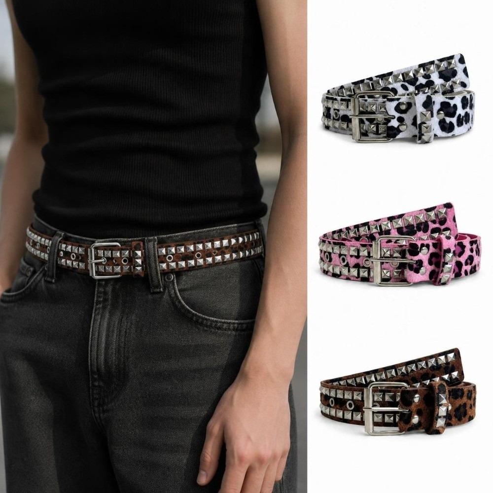Adjustable Studded Punk Belt Pin Buckle PU Leather Belt Bohemian Leopard Print Belt For Women Men