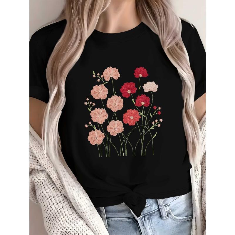 European Sizes Intricate Embroidered Floral Pattern Coded Women's Comfortable T Shirt, Embroidery Art, Spring Fashion
