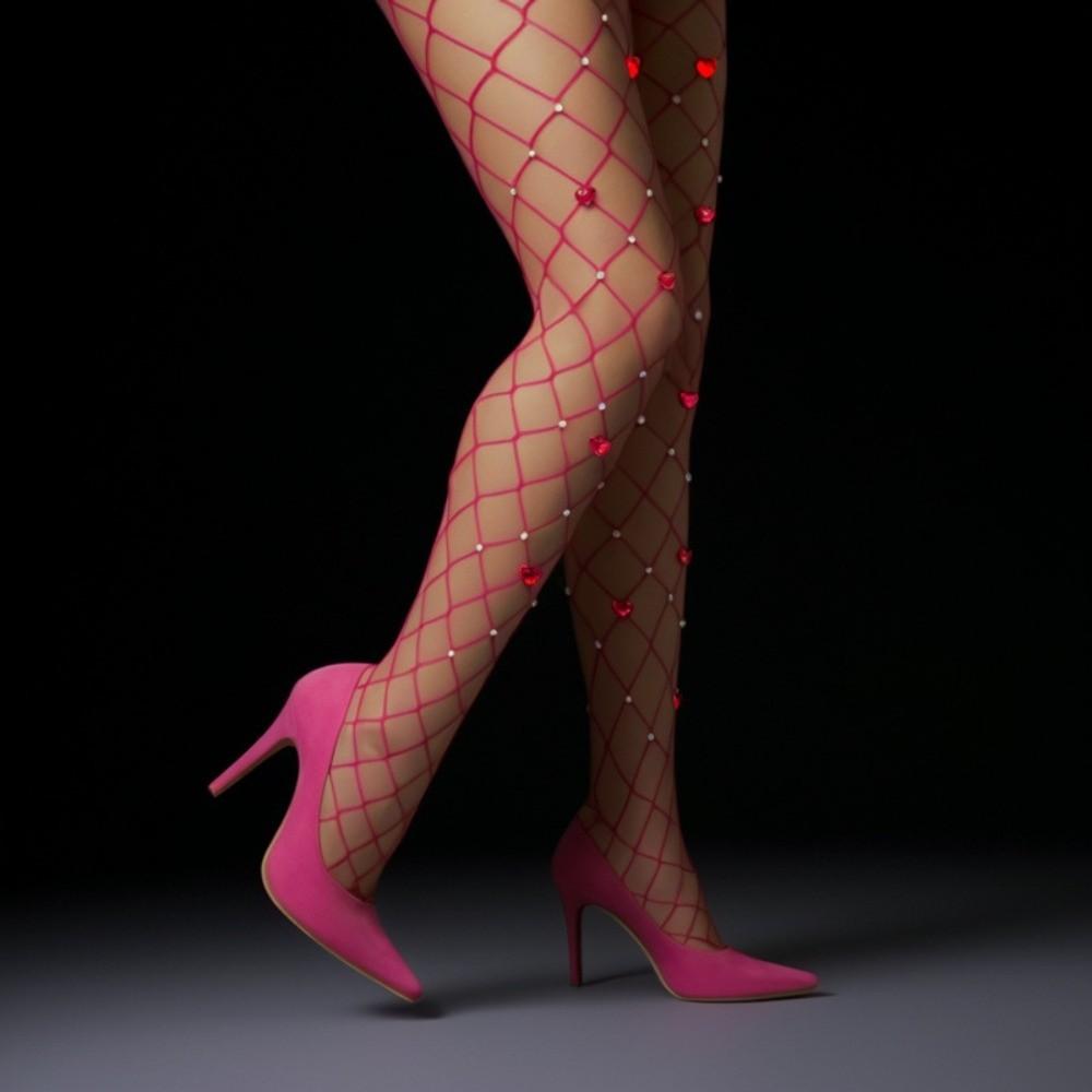 

Ажурні колготки зі стразами з ромбоподібним візерунком у вигляді сердець Жіноча білизна рожевий червоний колір