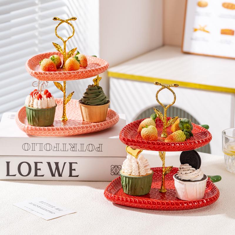 Nordic Creative Ceramic Tableware: Strawberry Design - Dinner, Soup, Steak, Dessert Plates & Two-Tier Serving Platter.