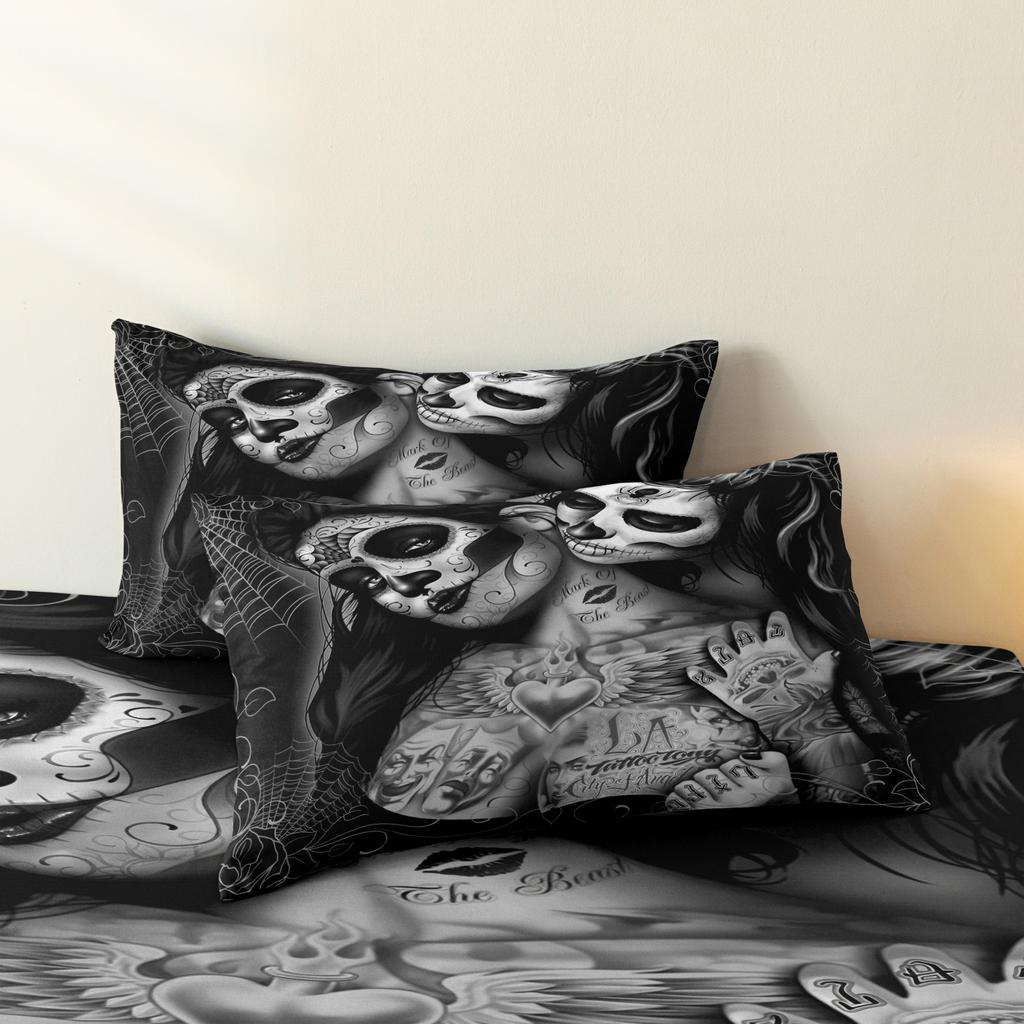 3Pcs Gothic Chicano Tattoo Pattern Bedding Set, Black White Skull Pattern Duvet Cover, For Family Bedrooms Dormitories Hotels