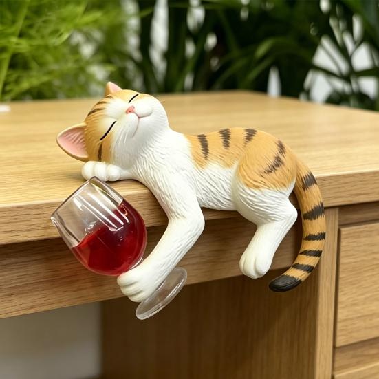 Cute Drinking Cat Figurine Kitten Holding Wine Glass Statue Resin Lying Kitty Ornament for Garden Planter Balcony Indoor Outdoor Shelf Decor