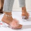 New simple high-heeled women's cool slippers, fashionable one-word thick-heeled crystal and cool slippers, sandals.