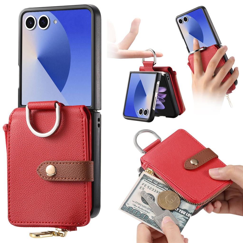 For Samsung Galaxy Z Flip7 5G Case Zipper Pocket Leather + PC Phone Cover with Ring Holder