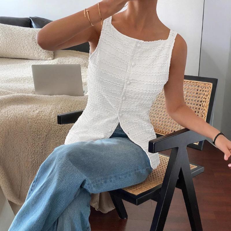 Spring Summer Fashion Casual Sleeveless Vest Solid Color Button Top T-shirt