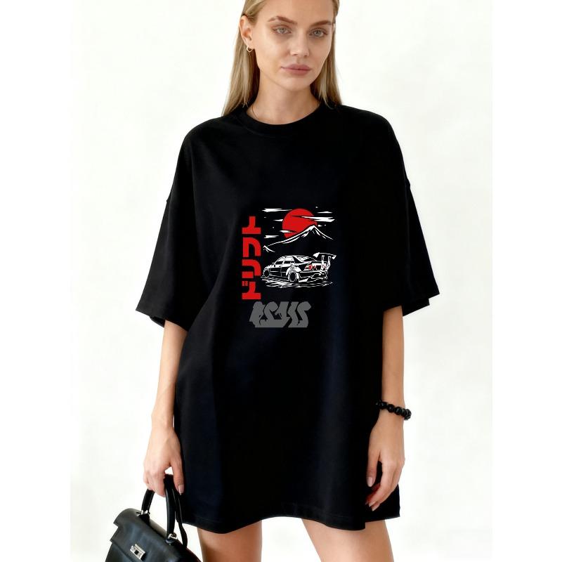 

Oversized T Shirt Black Japan Racing Car And Mount Fuji Print For Casual Streetwear Style XXXXL чорний