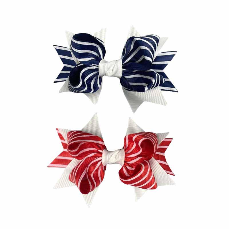 European Striped Bow Hair Clip for Kids - Red & Navy Swallowtail Accessory красный