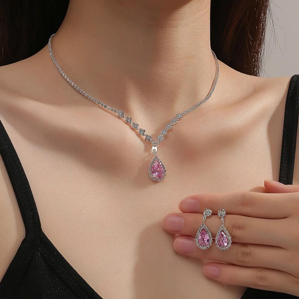 3PC Wedding Season Women's Fashion Copper Inlaid Water Drop Necklace Earrings Jewelry Set Wedding Banquet Party Holiday Gift