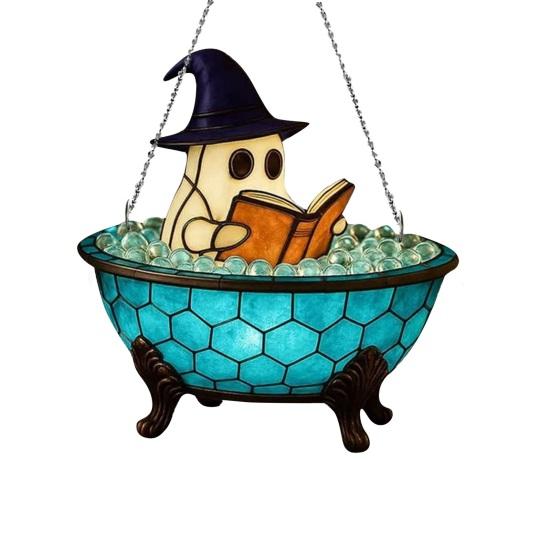 Halloween Reading Ghost Hanging Sign Wooden Bathing Cartoon Ghost Round Sign Indoor Outdoor Porch Door Hanger Wall Hanging Decoration