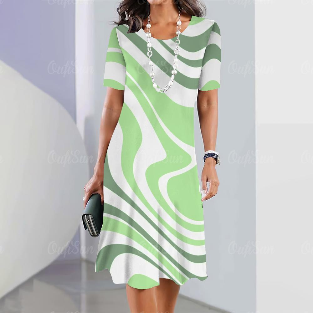2026 New Fashion Striped Printed Dress Women's Elegant Casual Loose Short-sleeved Dress