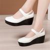 Spring Fashion Round Toe Wedge Pumps Women Shoes Thick Bottom Leather Shoes Women Platform Pumps Ankle Strap Black High Heels
