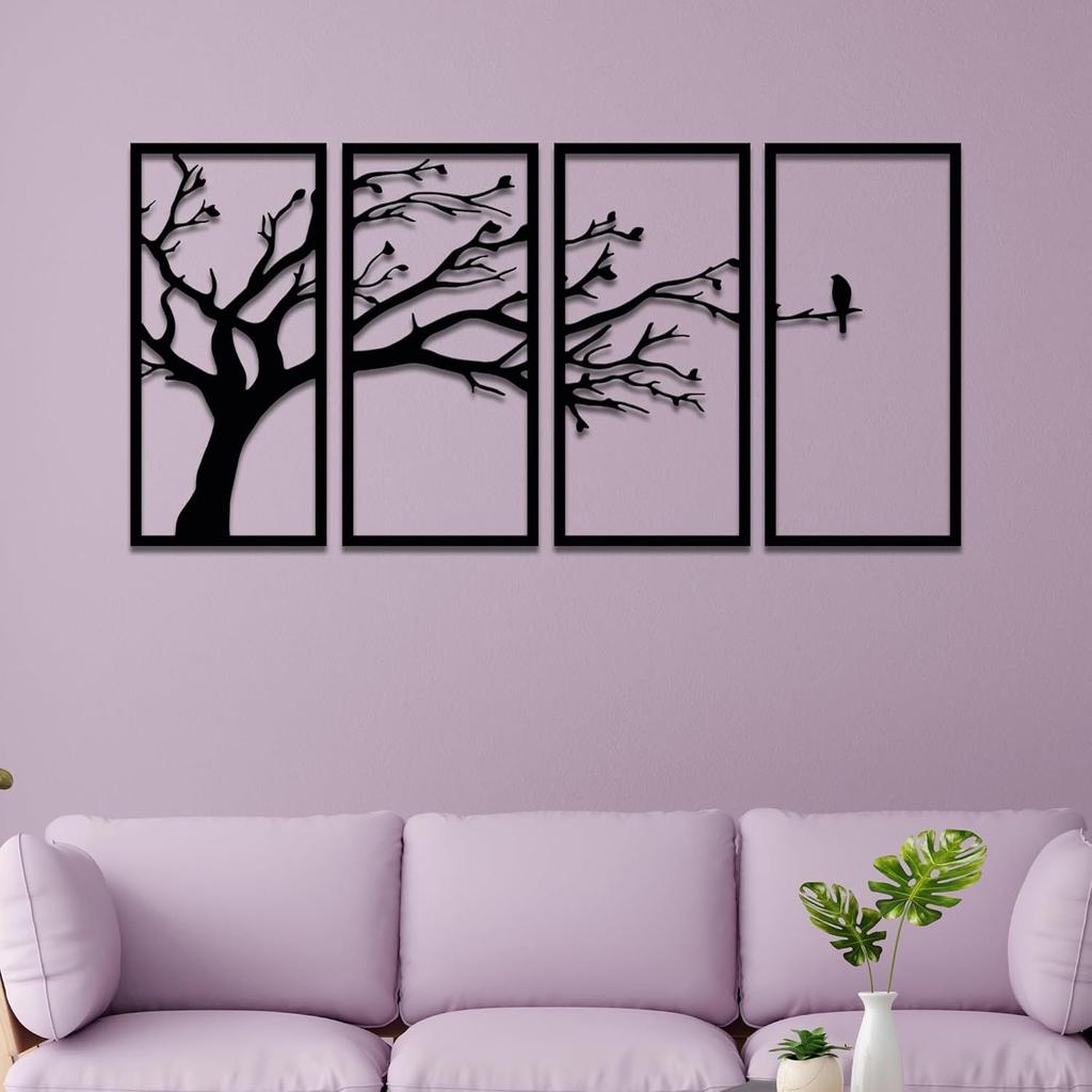 Pre-Laminated Pine Wood Bird On a Tree In Wall Art | Laser Cut Precision | For Home Décor | For Gifting (Set of 4)