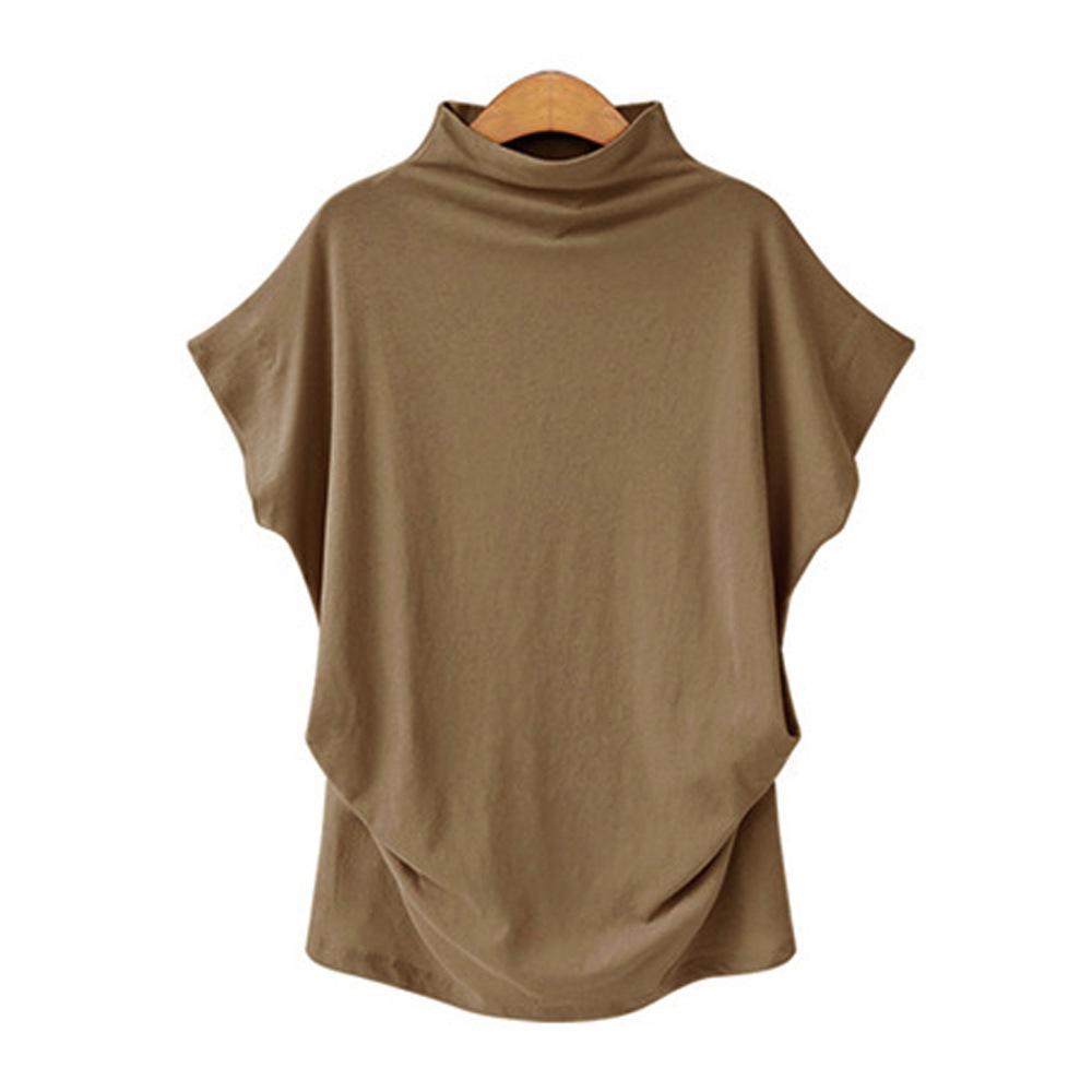 Plus Size Women's Solid Batwing Sleeve T-Shirt - Half-High Collar, Loose Fit, Polyester-Cotton Blend, Short-Sleeve