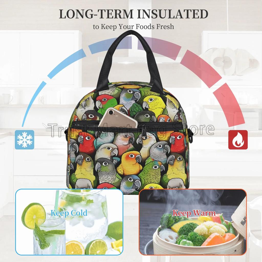 Cute Parrots Insulated Lunch Bag for Women Kids Reusable Portable Cooler Thermal Bento Tote Bags with Adjustable Shoulder Strap
