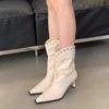Fashion New Style Women's Boots Autumn Pointe Shoes Rivets Winter Footwear Boots-Women Pointy Leather High Heel Ankle Rubber Cowboy Boot