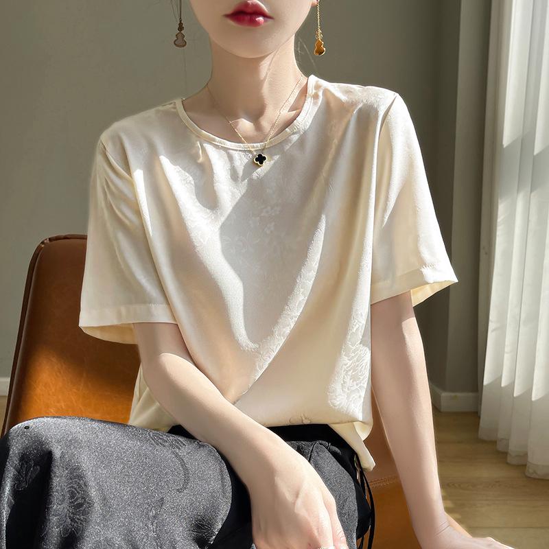 Women's Satin Round-Neck Five-Sleeve Loose-Fit Summer T-Shirt