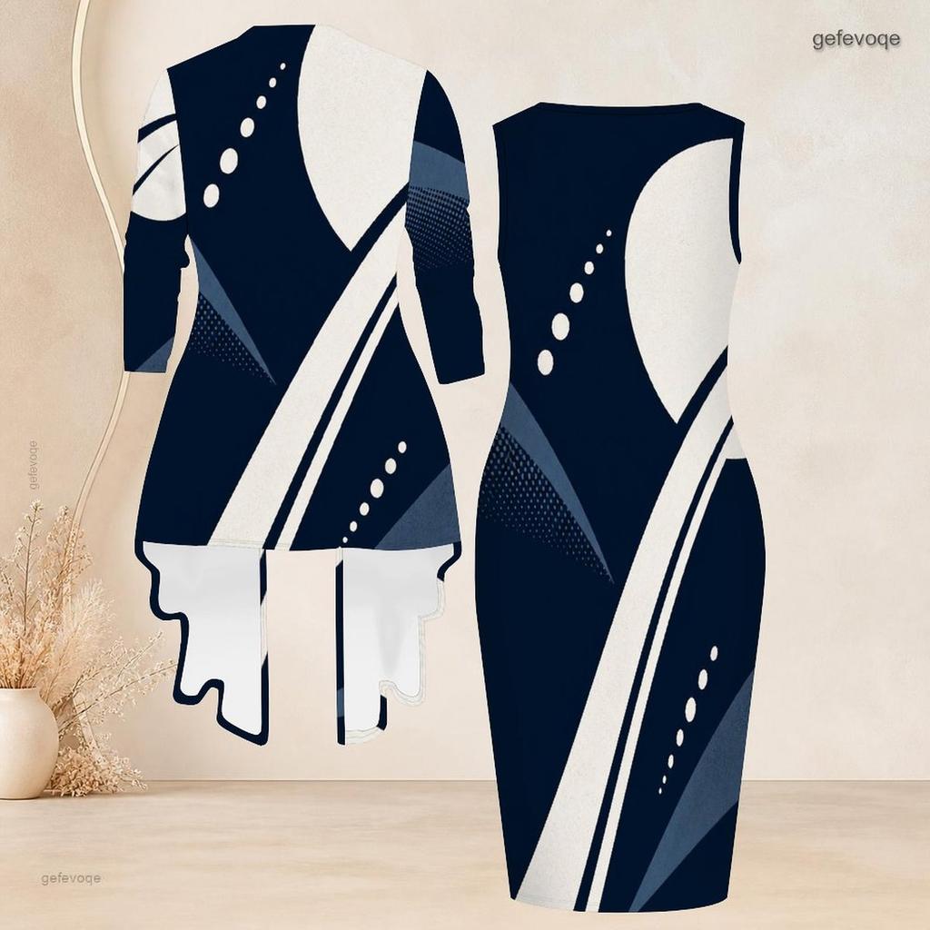 Womens Plus Size Geometric Printed Two Piece Set Sleeveless Bodycon Dress And 3 4 Sleeve Open Front Cardigan