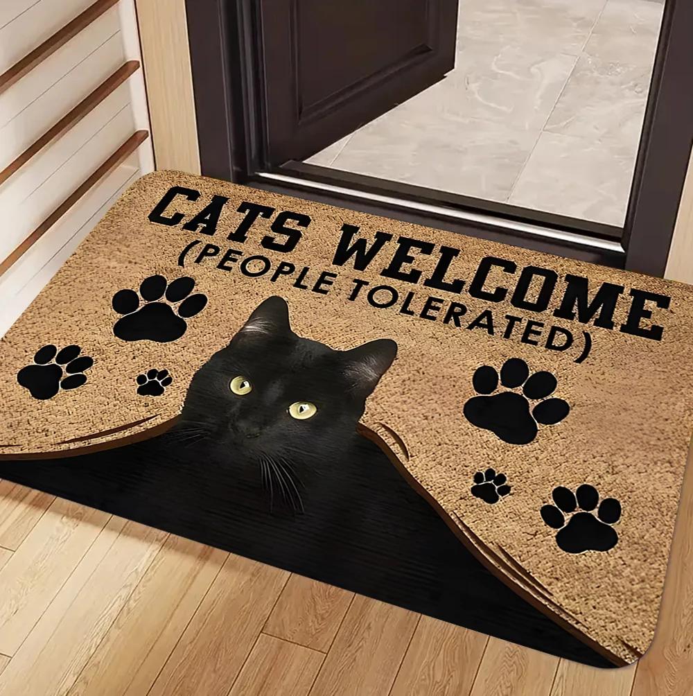 Welkom Zwarte Kat Pootafdruk Entree Deurmat Antislip Wasbaar Vuilvanger Vlekbestendig Vloermat voor Kattenliefhebbers 30x50cm