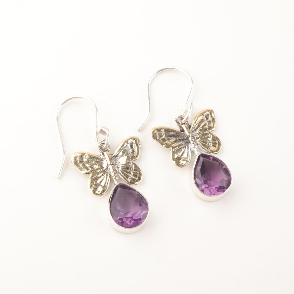 Natural Amethyst Gemstone 925 Sterling Silver Handmade Drop/Dangle Earrings 1.3" EE-155-3