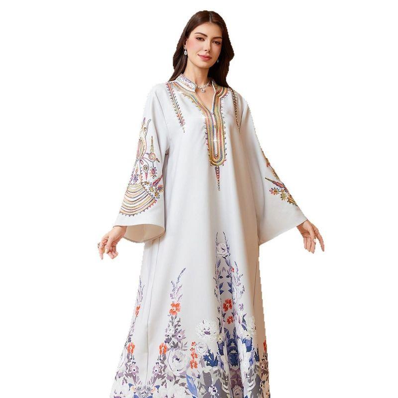 Cross-Border New Middle East Women Clothes Robe Rope Embroidery Dubai Travel Leisure White Plus Size Dresses Long Dress