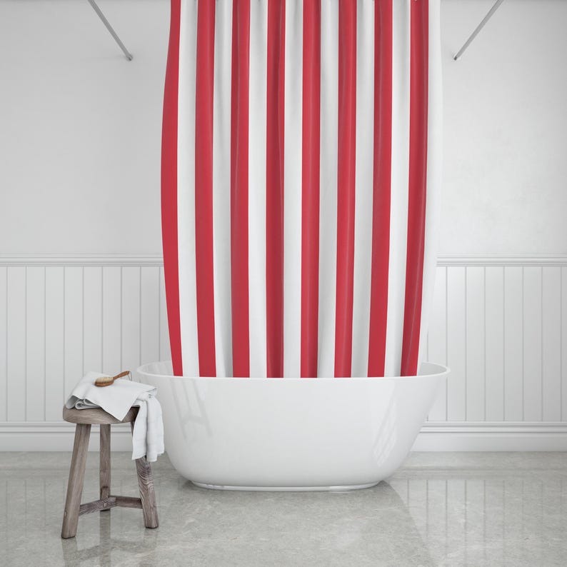 Red And White Striped Christmas Holiday Shower Curtain, Waterproof Bathroom Decor For Festive Seasonal Home