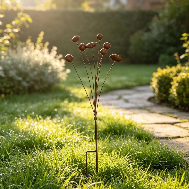 Aged Brown Flower Yard Sculpture with Slender Iron Stems and a Twin-Point Soil-Insert Base for Adding Country Character Among Garden Flowers