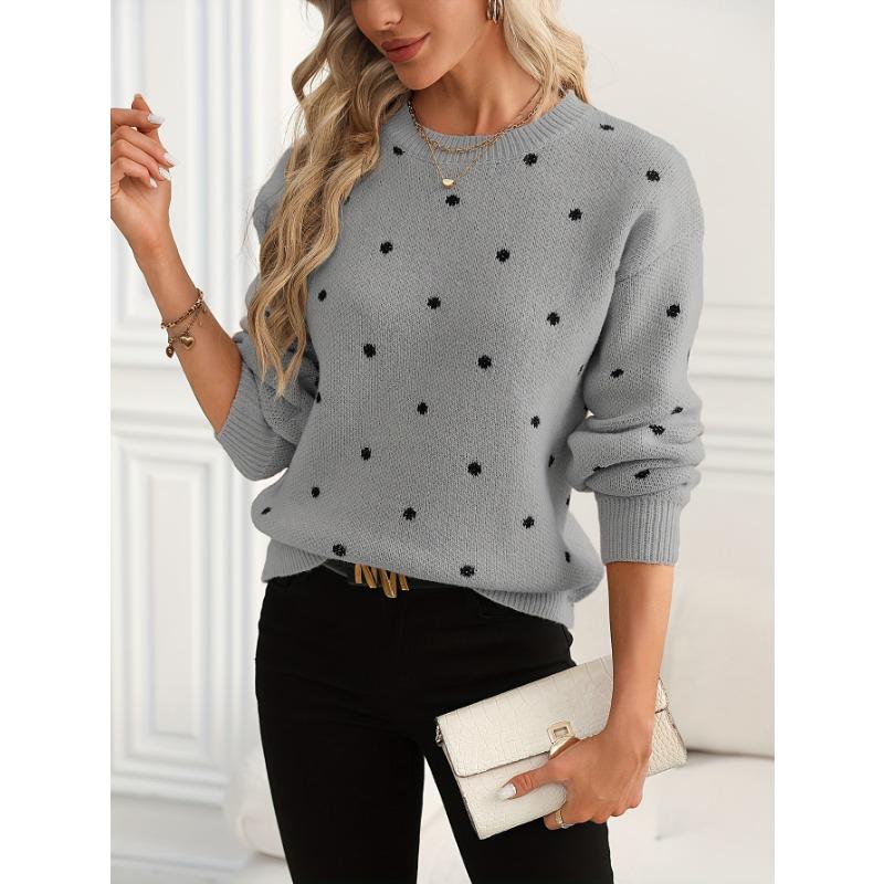 Женский красный свитер с круглым вырезом в горошек - Повседневный пуловер с длинными рукавами и оборкой по низу, Мягкий и уютный осенне-зимний топ Свитер в горошек для женщин XL серый