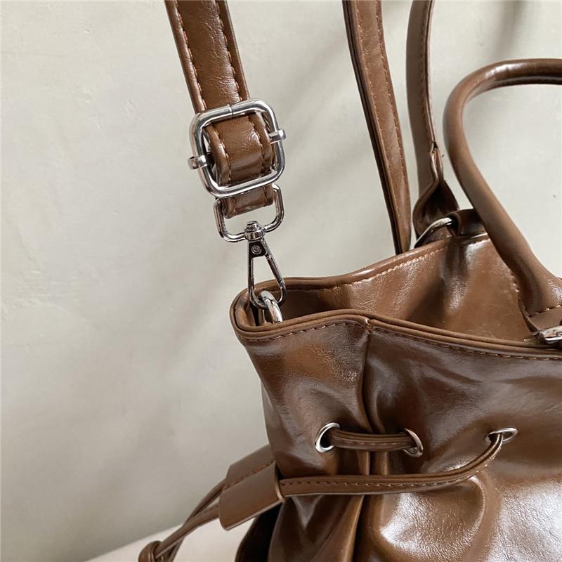 Large Capacity PU Tote Bag Women Fashion Shoulder Bag With Drawstring Detail Soft Texture Handbag Everyday Use