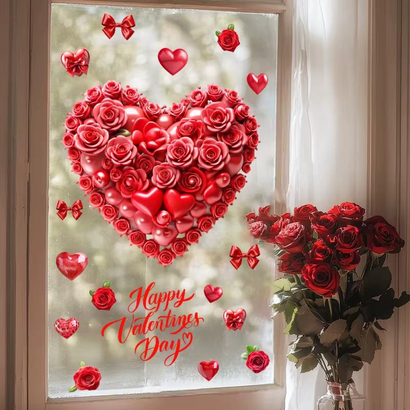 1PC Valentine's Day Window Decor Sticker - Red Rose Heart Balloon PVC Static Cling for Home Room