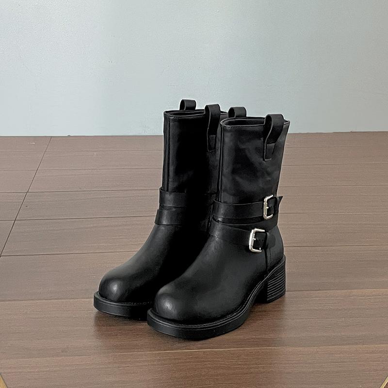 Fashion Belt Buckle Women Mid Calf Boots Punk Style Square Toe Thick Heels Shoes Autumn Winter Western Cowboy Booties