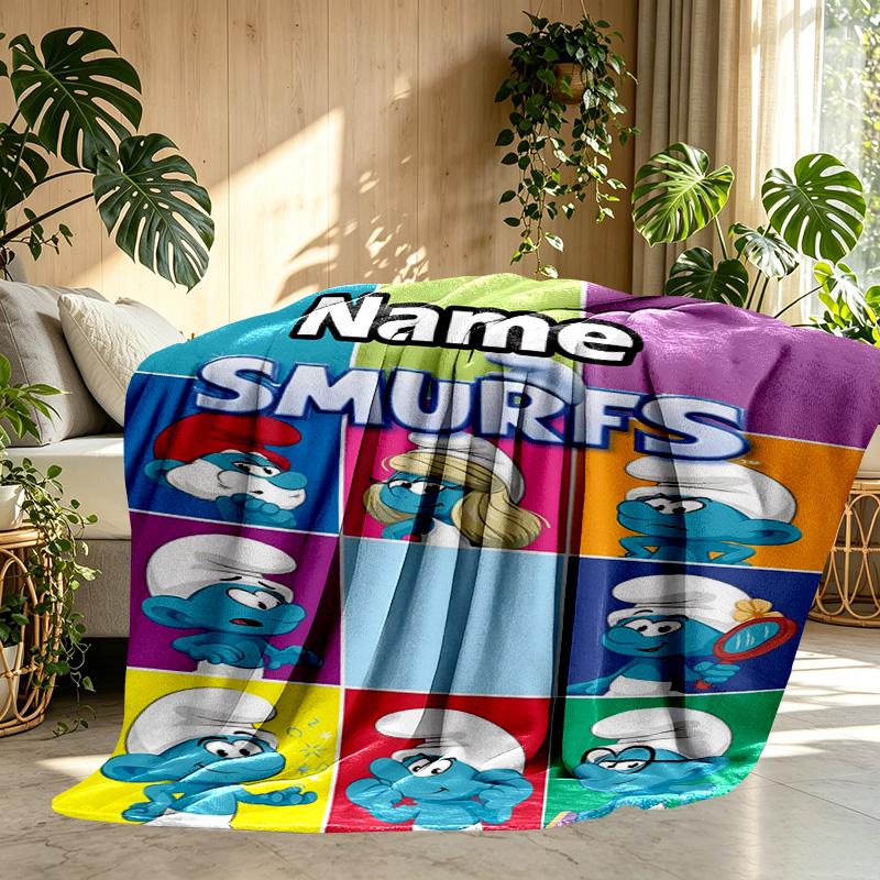Custom Name Personalized Blue Smurfs Print Blanket, Home Decor, Bedroom, Sofa, Camping, Couch, Gifts for Birthday Christmas