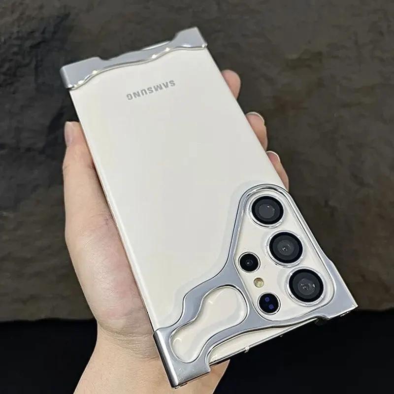 Irregular Metal Case with Lens Film Protection for Samsung S23 S24 Ultra Plus/iphone 15 14 13 12 Pro Max/Xiaomi 14 Pro Bare Aluminum Shockproof Bumper